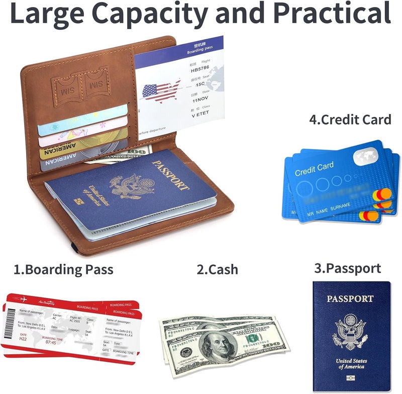 KAOBAN Passport Holder, Passport Cover with Credit Card Slot and Boarding Pass Slot Combo, Passport Wallet Case Book Travel Must Have, RFID Blocking Leather Travel Accessories, Brown - Image 4